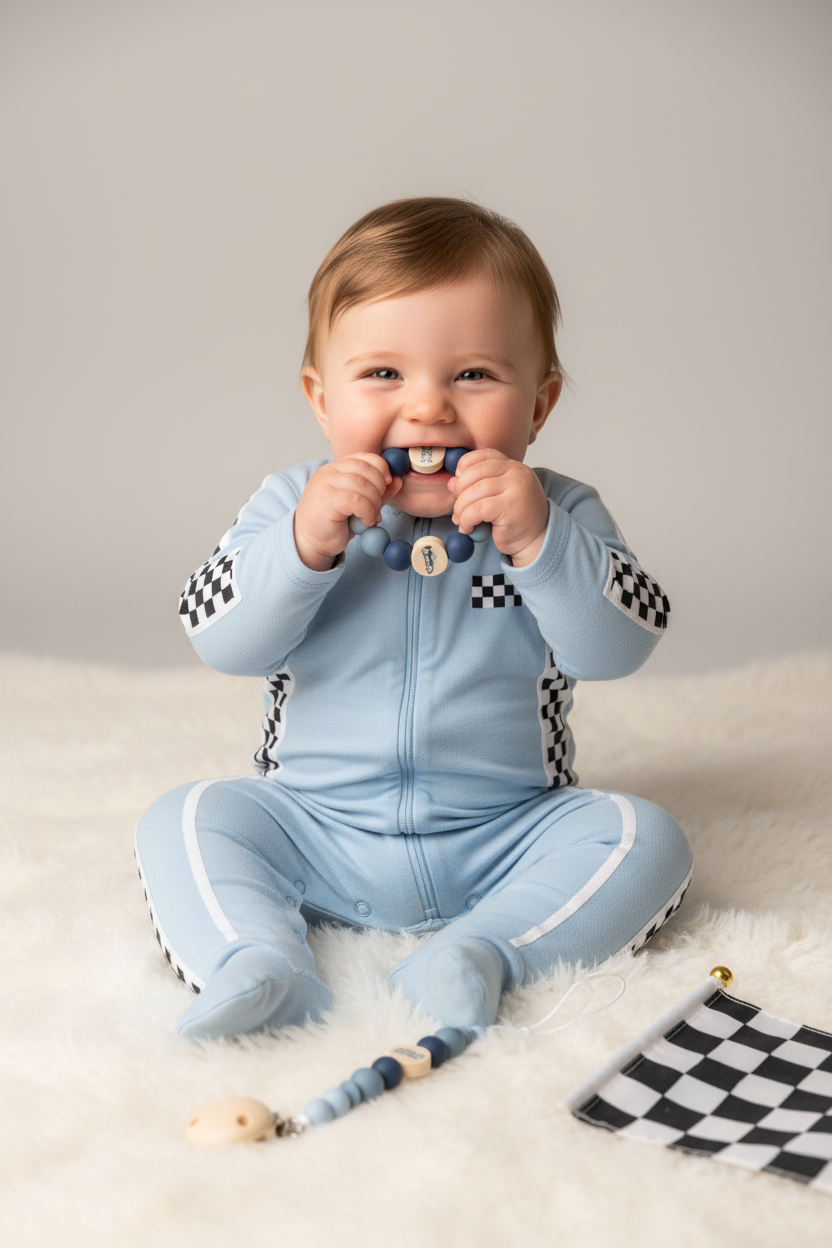 Baby met racing bijtring flat lay