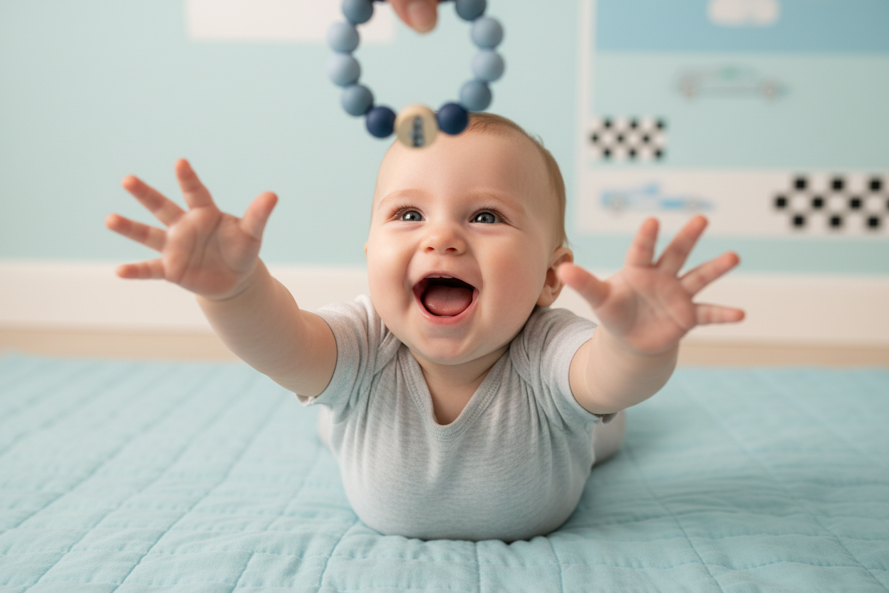 Baby op speelmat met bijtring